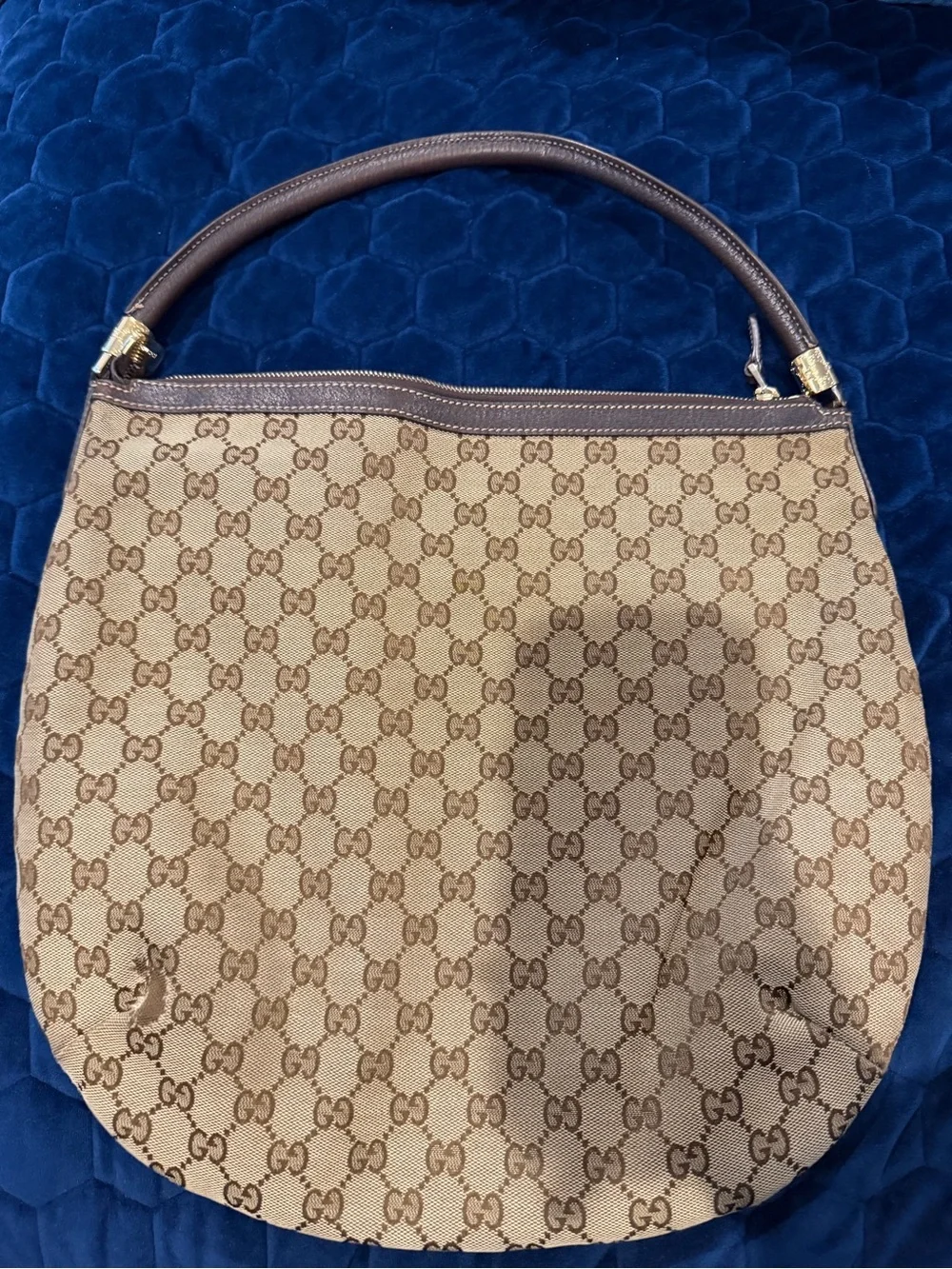 Gucci Beige Monogram Canvas Shoulder Bag with Brown Trim